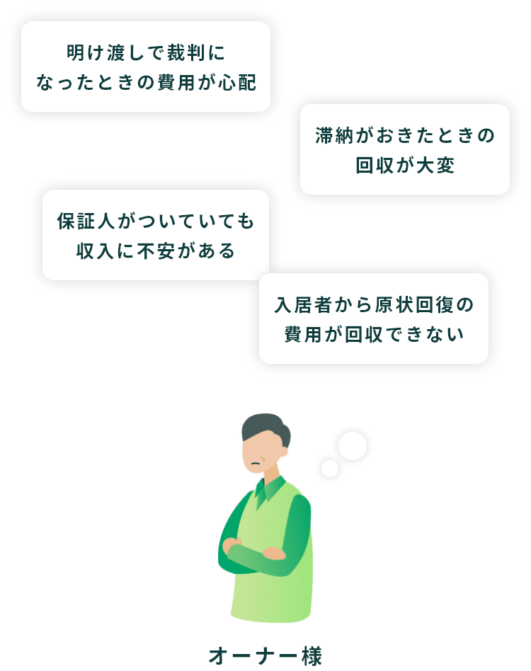 「明け渡しで裁判になったときの費用が心配」「滞納がおきたときの回収が大変」「保証人がついていても収入に不安がある」「入居者から原状回復の費用が回収できない」